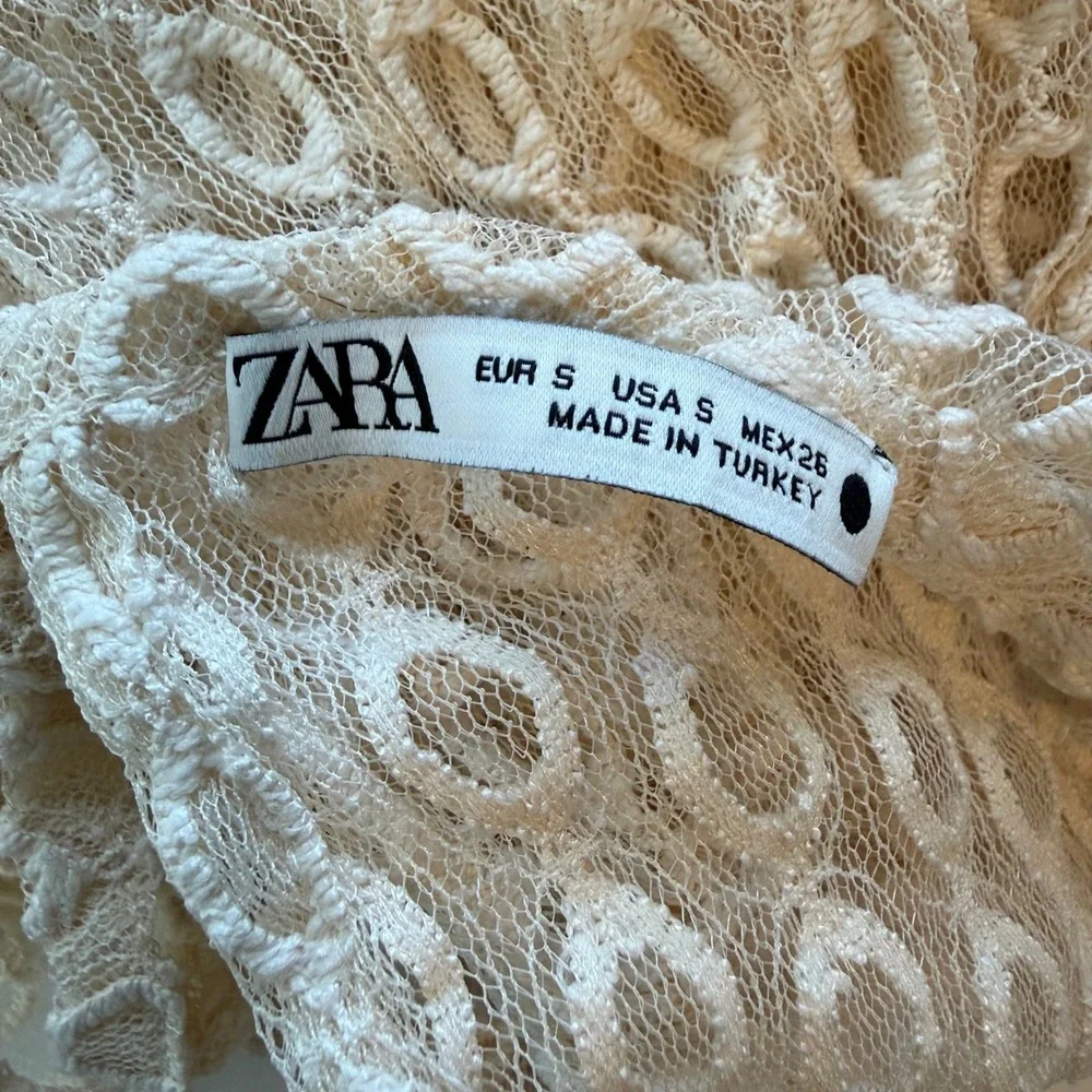 Zara Lace Blouse Cream Puff Sleeve Sheer Textured‎ Boho Peasant Coquette Top S
